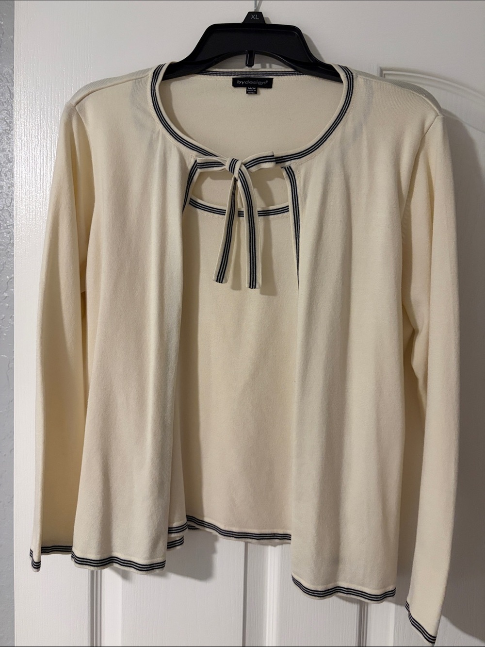 Bydesign Cream Tie-Neck Cardigan with Navy Trim